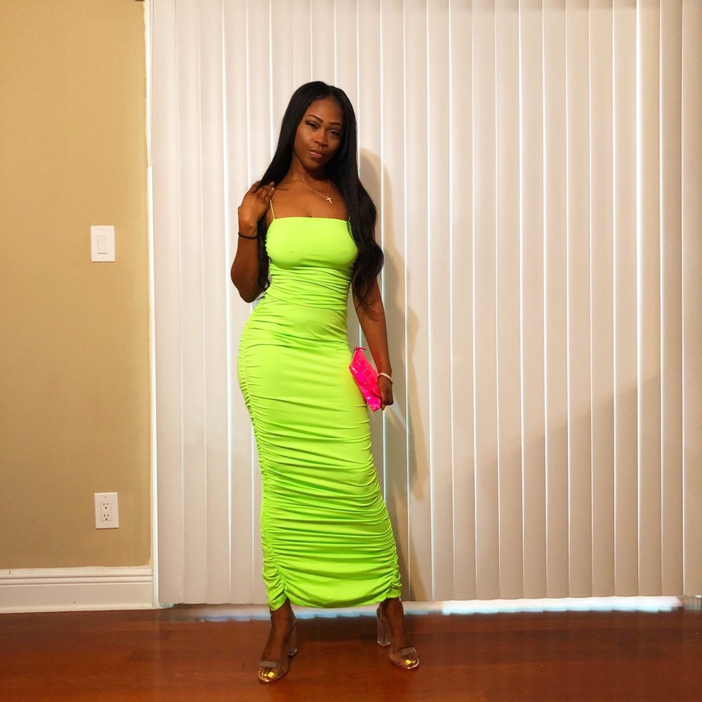 Neon green scrunchie dress